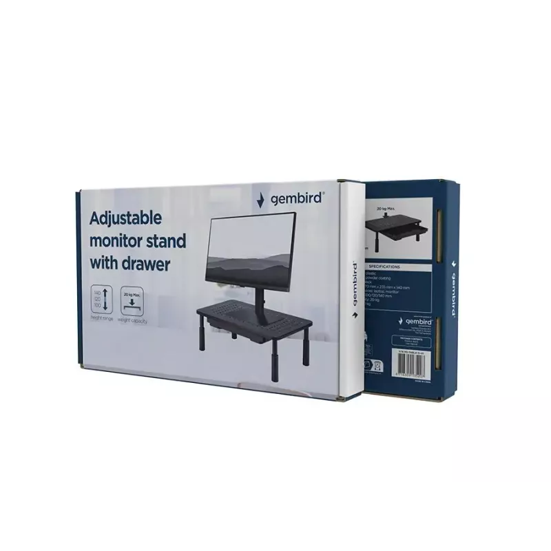 Monitorständer GEMBIRD MS-TABLE-D-01 — höhenverstellbarer Tischaufsatz mit 1 Schublade, Stahl, 140 mm Höhe, für 1 Display, 20 kg Tragkraft