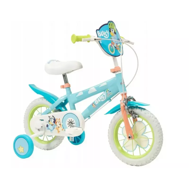 Kinderfahrrad Toimsa Bluey 12 Zoll — 12-Zoll-Rad, blau und limette, Vorder- und Hinterradbremse, Stützräder