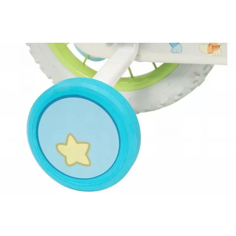 Kinderfahrrad Toimsa Bluey 12 Zoll — 12-Zoll-Rad, blau und limette, Vorder- und Hinterradbremse, Stützräder