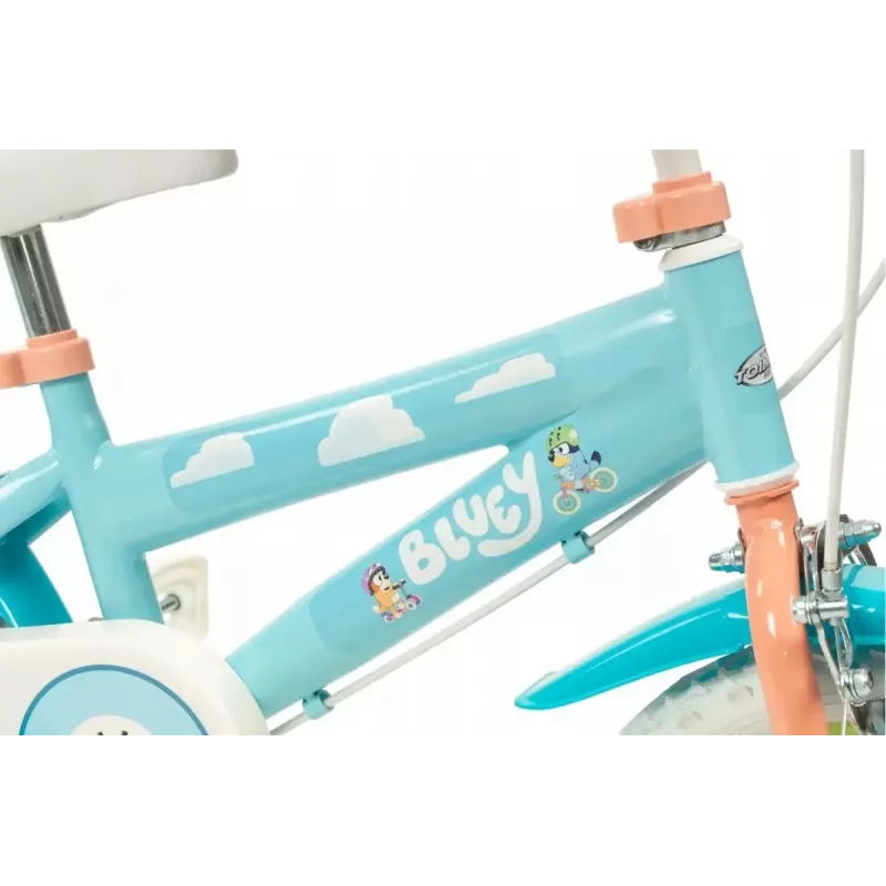 Kinderfahrrad Toimsa Bluey 12 Zoll — 12-Zoll-Rad, blau und limette, Vorder- und Hinterradbremse, Stützräder