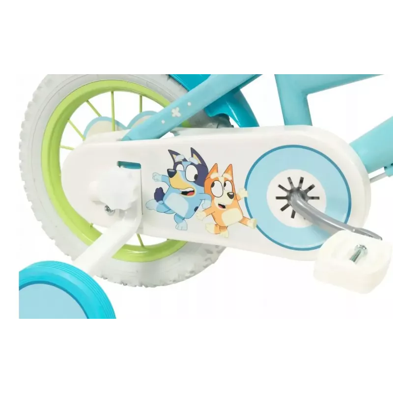 Kinderfahrrad Toimsa Bluey 12 Zoll — 12-Zoll-Rad, blau und limette, Vorder- und Hinterradbremse, Stützräder