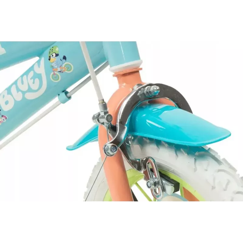 Kinderfahrrad Toimsa Bluey 12 Zoll — 12-Zoll-Rad, blau und limette, Vorder- und Hinterradbremse, Stützräder