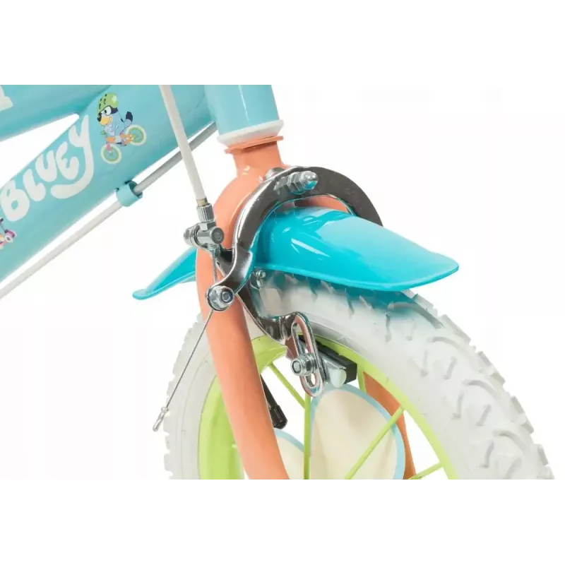 Kinderfahrrad Toimsa Bluey 12 Zoll — 12-Zoll-Rad, blau und limette, Vorder- und Hinterradbremse, Stützräder