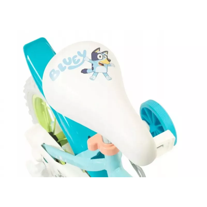 Kinderfahrrad Toimsa Bluey 12 Zoll — 12-Zoll-Rad, blau und limette, Vorder- und Hinterradbremse, Stützräder