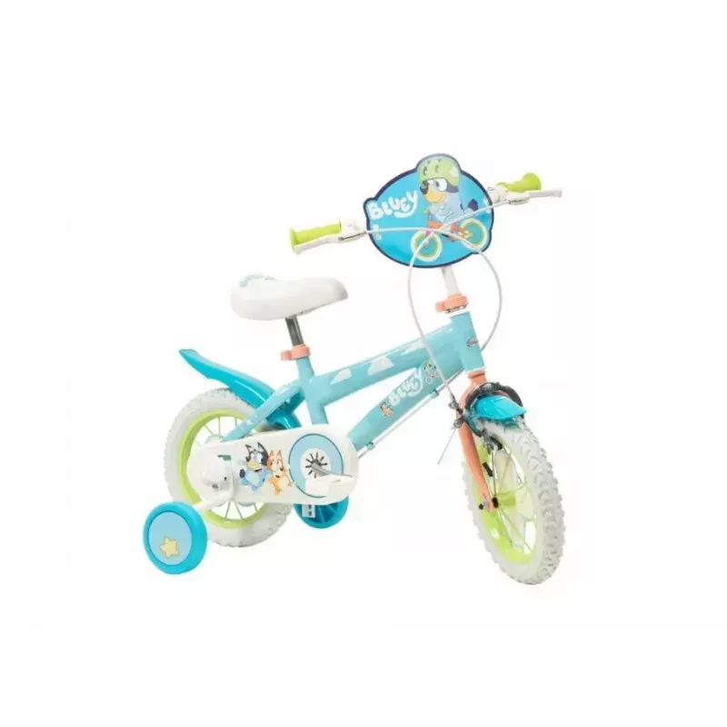 Kinderfahrrad Toimsa Bluey 12 Zoll — 12-Zoll-Rad, blau und limette, Vorder- und Hinterradbremse, Stützräder