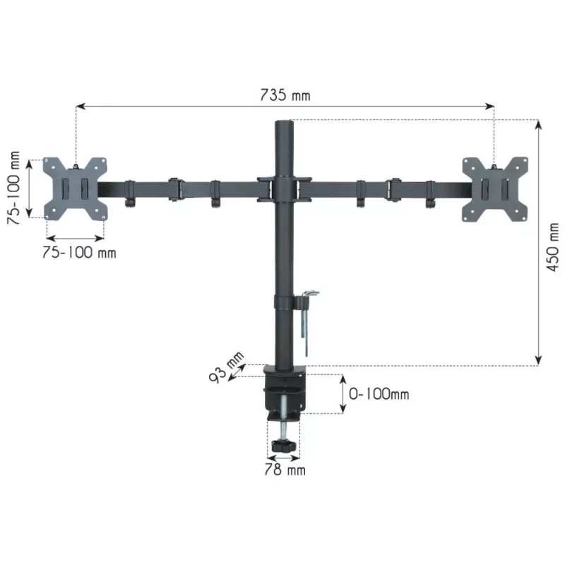 Monitorhalterung TECHLY ICA-LCD-382-D für 2 Displays, Tischklemme, bis 27 Zoll, 20 kg, VESA 75x75–100x100, schwarz