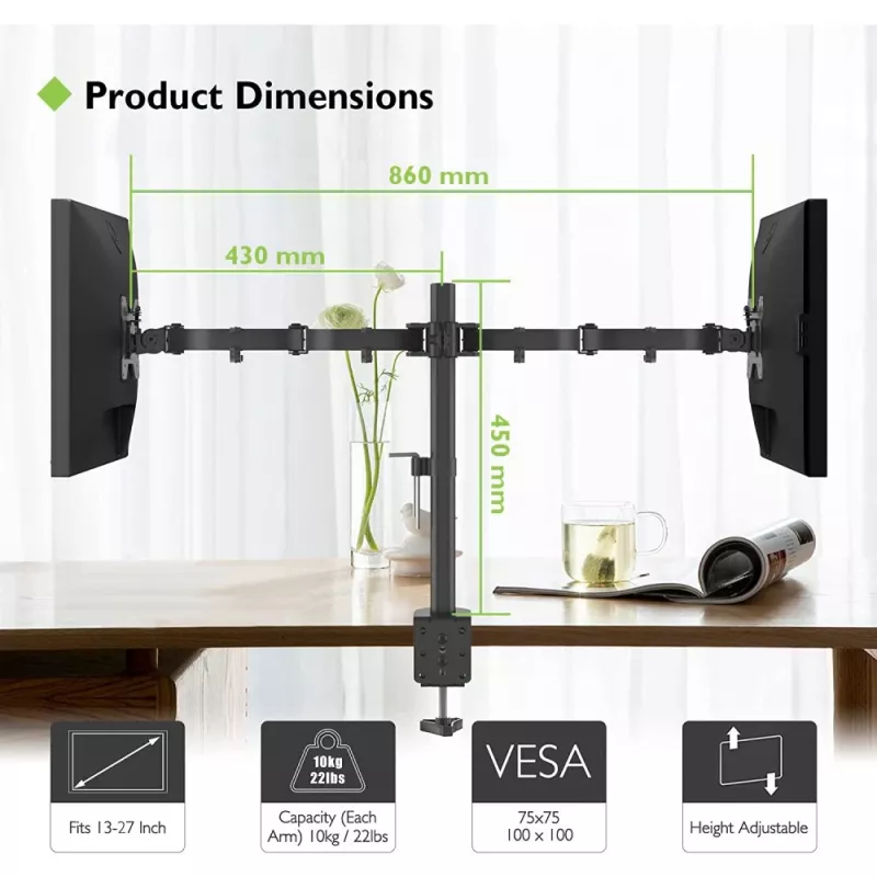 Monitorhalterung TECHLY ICA-LCD-382-D für 2 Displays, Tischklemme, bis 27 Zoll, 20 kg, VESA 75x75–100x100, schwarz