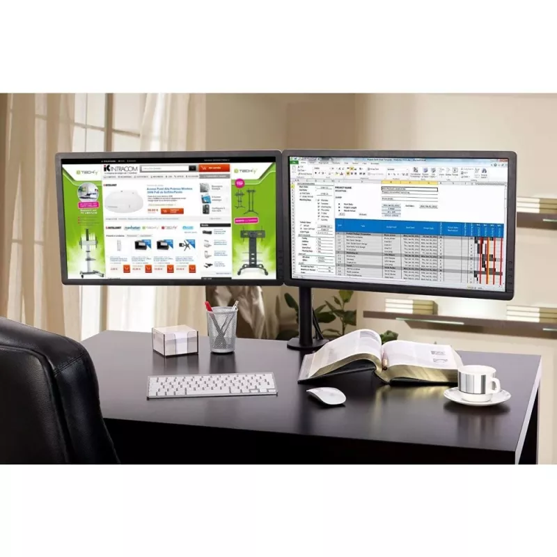 Monitorhalterung TECHLY ICA-LCD-382-D für 2 Displays, Tischklemme, bis 27 Zoll, 20 kg, VESA 75x75–100x100, schwarz