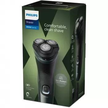 Elektrorasierer Philips 3000X Series X3052/00 — rotierend, 3-fach Scherkopf, Nass & Trocken, NiMH-Akku, 45 Min. Laufzeit, Trimmer, schwarz/grün