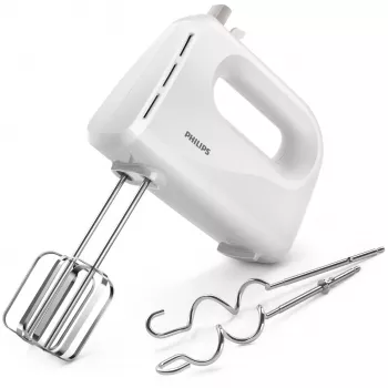 Philips HR3705/00 Daily Collection Handmixer, 300 W, 5 Stufen + Turbo, Rührbesen und Knethaken, 1,2 m Kabel, weiß