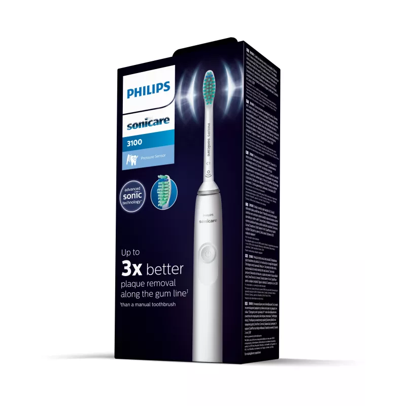 Philips 3100 series HX3671/13 Schallzahnbürste – Schalltechnologie, 31.000 Bewegungen/Min., Drucksensor, Li-Ion, eingebauter Akku, 1 Bürstenkopf, Weiß