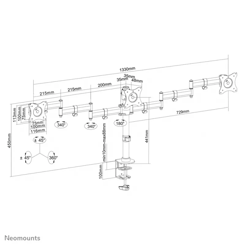Neomounts NM-D135D3Schwarz Monitorarm 10-27 Zoll, Klemme/Tischdurchführung, 8 kg, 25.4 cm (10 Zoll), 68.6 cm (27 Zoll), 100 x 100 mm, Schwarz