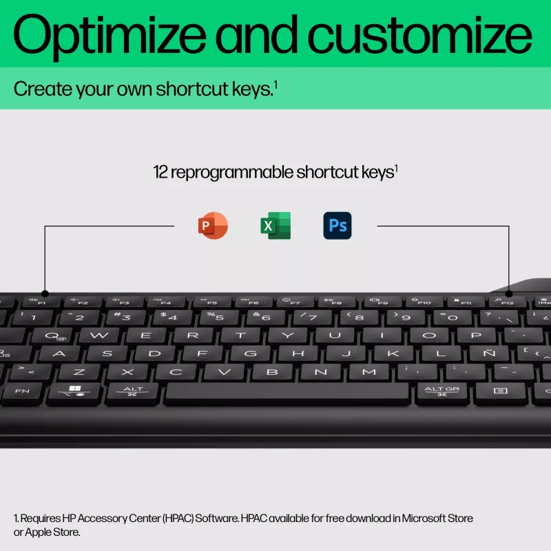 Funkmaus HP 475 Dual-Mode — QWERTY in voller Größe, RF + Bluetooth 5.3, Ziffernblock, Schwarz, 376×153×19 mm