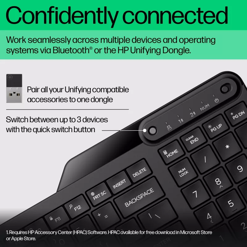 Funkmaus HP 475 Dual-Mode — QWERTY in voller Größe, RF + Bluetooth 5.3, Ziffernblock, Schwarz, 376×153×19 mm