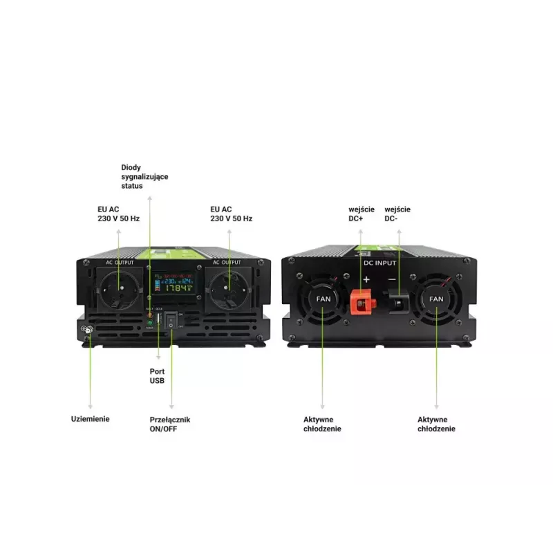 Auto-Wechselrichter Grün Cell INVGC12P2000LCD 2000W 12V auf 230V reine Sinuswelle, LCD, 1×USB, 2×AUX