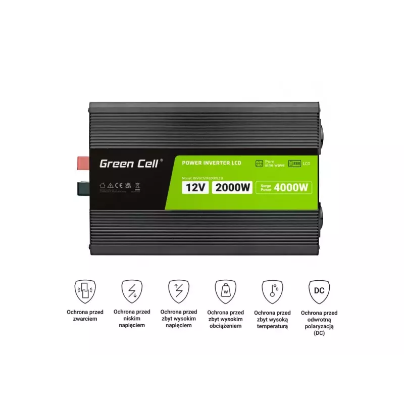 Auto-Wechselrichter Grün Cell INVGC12P2000LCD 2000W 12V auf 230V reine Sinuswelle, LCD, 1×USB, 2×AUX