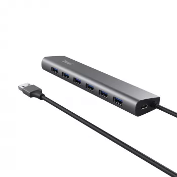 Trust Halyx 24967 USB-Hub mit 7 Ports, USB 3.2 Gen 1, Type-A, 5000 Mbit/s, silber