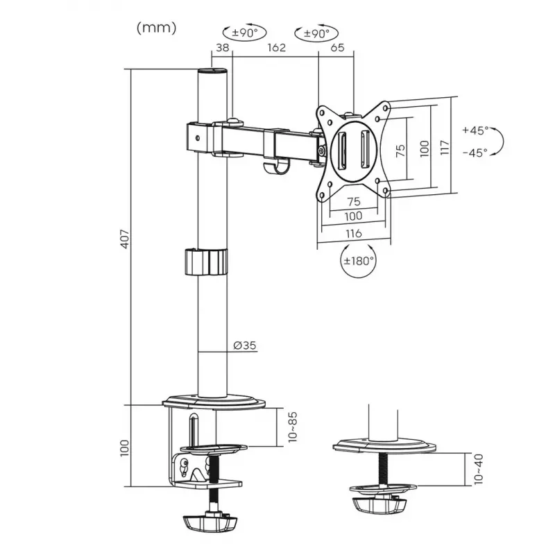 Tisch-LCD-Monitorhalterung MACLEAN MC-572N höhenverstellbar, neigbar, VESA 75x75–100x100, unterstützt 17 Zoll–32 Zoll, max. Tragfähigkeit 30 kg, schwarz