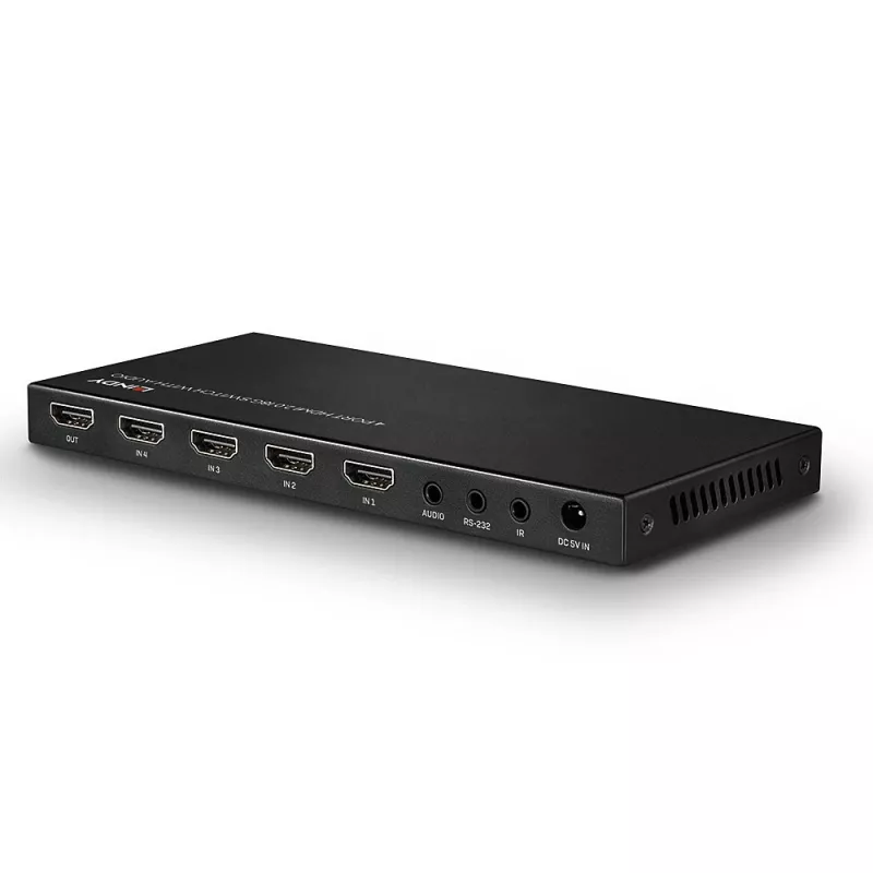 Lindy 4 Port HDMI 18G Switch mit Audio, HDMI, Metall, Schwarz, 18 Gbit/s, 3840 x 2160 Pixel, 5.1 Kanäle