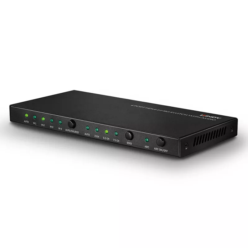 Lindy 4 Port HDMI 18G Switch mit Audio, HDMI, Metall, Schwarz, 18 Gbit/s, 3840 x 2160 Pixel, 5.1 Kanäle