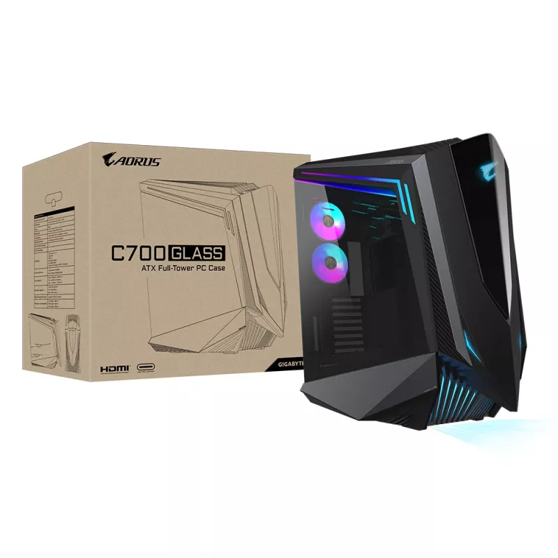 GIGABYTE AORUS C700 GLASS PC-Gehäuse – Full-Tower, unterstützt bis zu E-ATX & 420-mm-Radiatoren, vorinstallierte 5x 120-mm-Lüfter, USB 3.1 Type-C, RGB Fusion