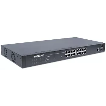 Intellinet 16-Port Gigabit Ethernet PoE+ Web-Managed Switch mit 2 SFP-Ports, IEEE 802.3at/af Power over Ethernet (PoE+/PoE) kompatibel, 374 W, Endspan, 19 Zoll Rackmontage