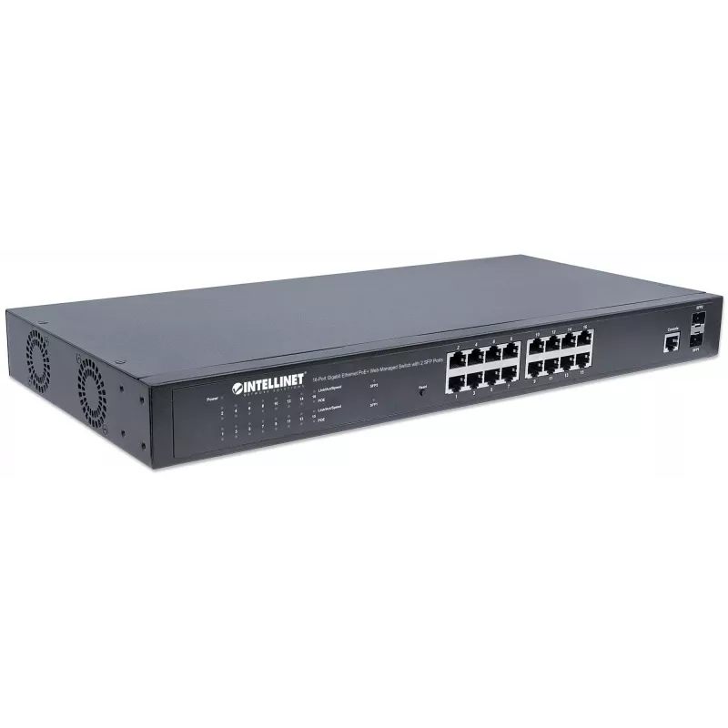 Intellinet 16-Port Gigabit Ethernet PoE+ Web-Managed Switch mit 2 SFP-Ports, IEEE 802.3at/af Power over Ethernet (PoE+/PoE) kompatibel, 374 W, Endspan, 19 Zoll Rackmontage