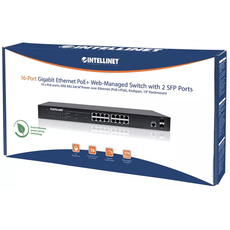 Intellinet 16-Port Gigabit Ethernet PoE+ Web-Managed Switch mit 2 SFP-Ports, IEEE 802.3at/af Power over Ethernet (PoE+/PoE) kompatibel, 374 W, Endspan, 19 Zoll Rackmontage