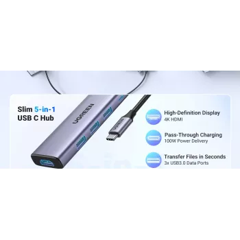 UGREEN Laptop-Dock 15596 USB 3.2 Gen 1 Type-A + Type-C, 3× USB-A, 1× USB-C PD 100W, 1× HDMI 2.0, Aluminium