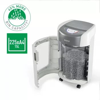 Leitz IQ OptiMax Home Office 225 Mikroschnitt-Aktenvernichter Sicherheitsstufe P5 15 L – Weiß