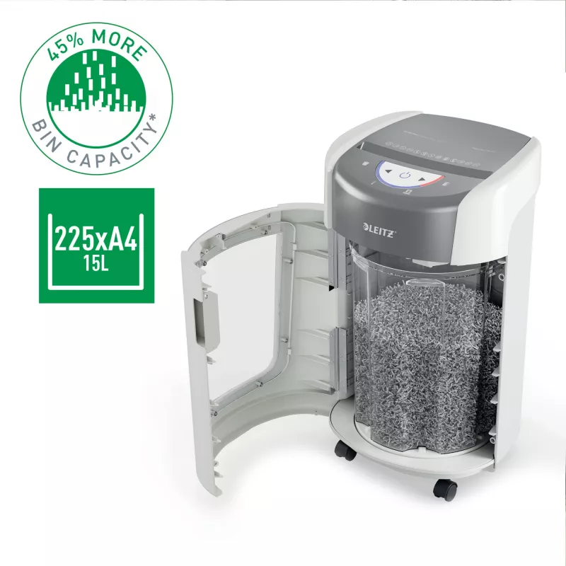 Leitz IQ OptiMax Home Office 225 Mikroschnitt-Aktenvernichter Sicherheitsstufe P5 15 L – Weiß