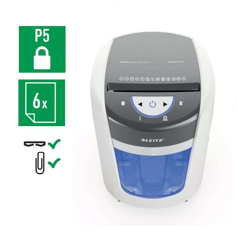 Leitz IQ OptiMax Home Office 225 Mikroschnitt-Aktenvernichter Sicherheitsstufe P5 15 L – Weiß