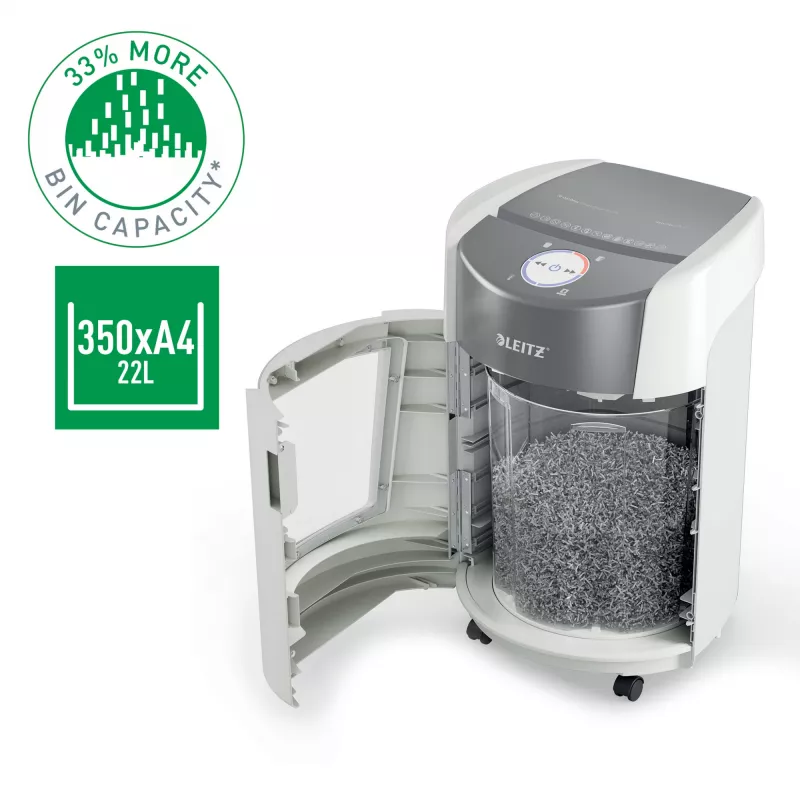 Leitz IQ OptiMax Small Office 350 Micro Cut Papierschredder Sicherheitsstufe P5 22 L – Weiß