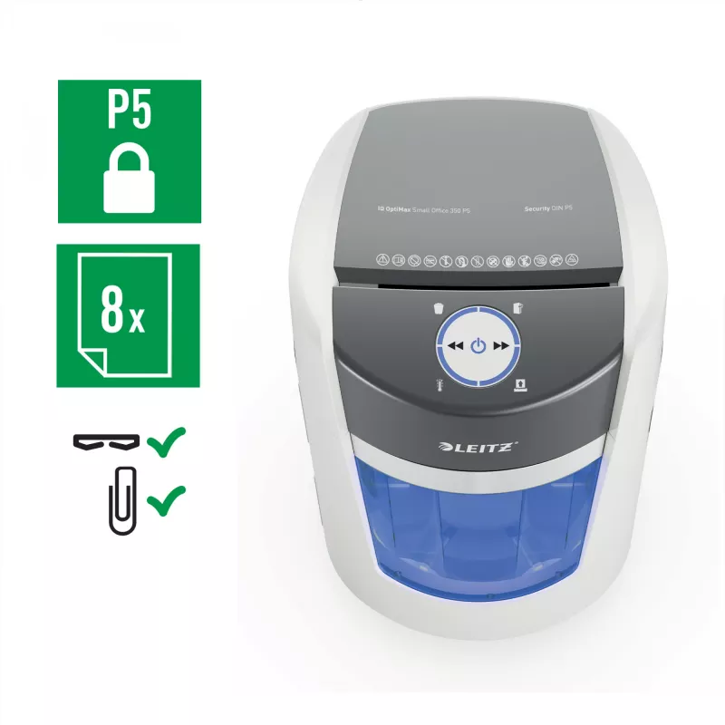 Leitz IQ OptiMax Small Office 350 Micro Cut Papierschredder Sicherheitsstufe P5 22 L – Weiß