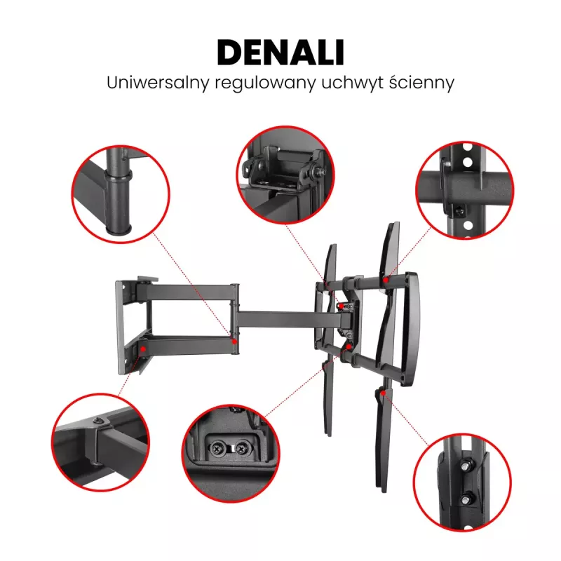 Wand-TV-Halterung MONTIS DENALI MT162 für 37-Zoll–105-Zoll-Bildschirme, Stahl, 75 kg Tragfähigkeit, VESA 200x100–800x600, neigbar/schwenkbar/drehbar, 7,3–60,9 cm