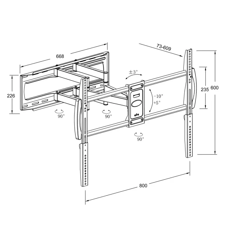 Wand-TV-Halterung MONTIS DENALI MT162 für 37-Zoll–105-Zoll-Bildschirme, Stahl, 75 kg Tragfähigkeit, VESA 200x100–800x600, neigbar/schwenkbar/drehbar, 7,3–60,9 cm