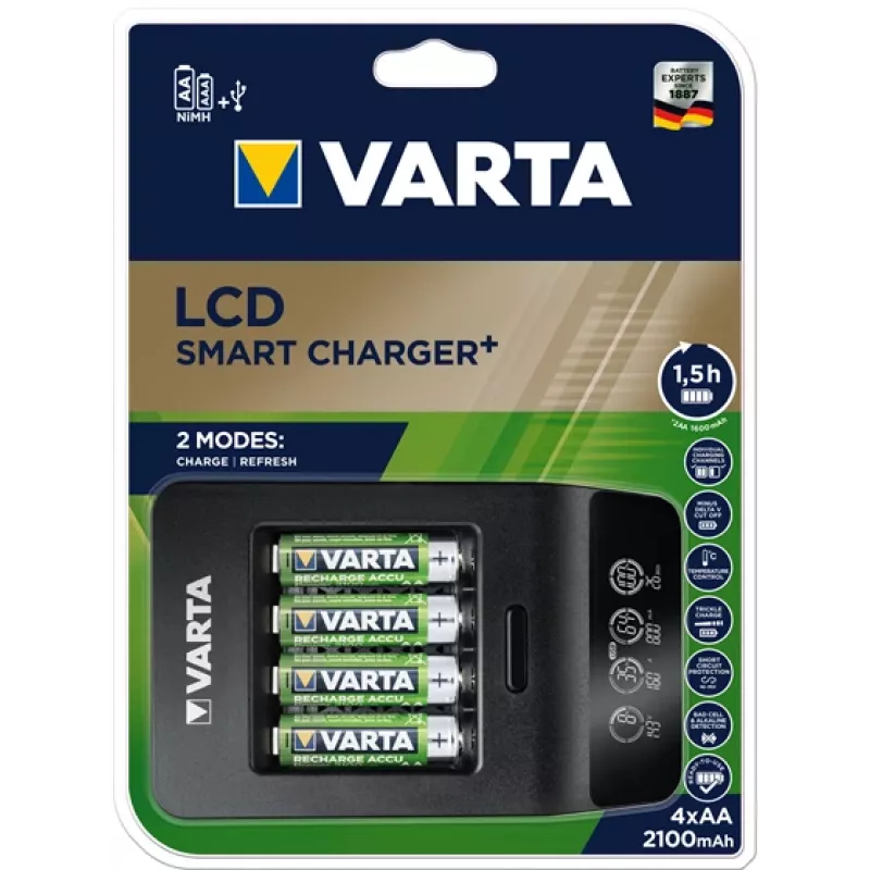 VARTA LCD Smart Charger+ mit 4 AA-Batterien 2100 mAh
