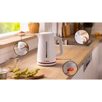 Elektrischer Wasserkocher Bosch TWK3M121 — 1,7 L, 2400 W, weiß, Kunststoffgehäuse