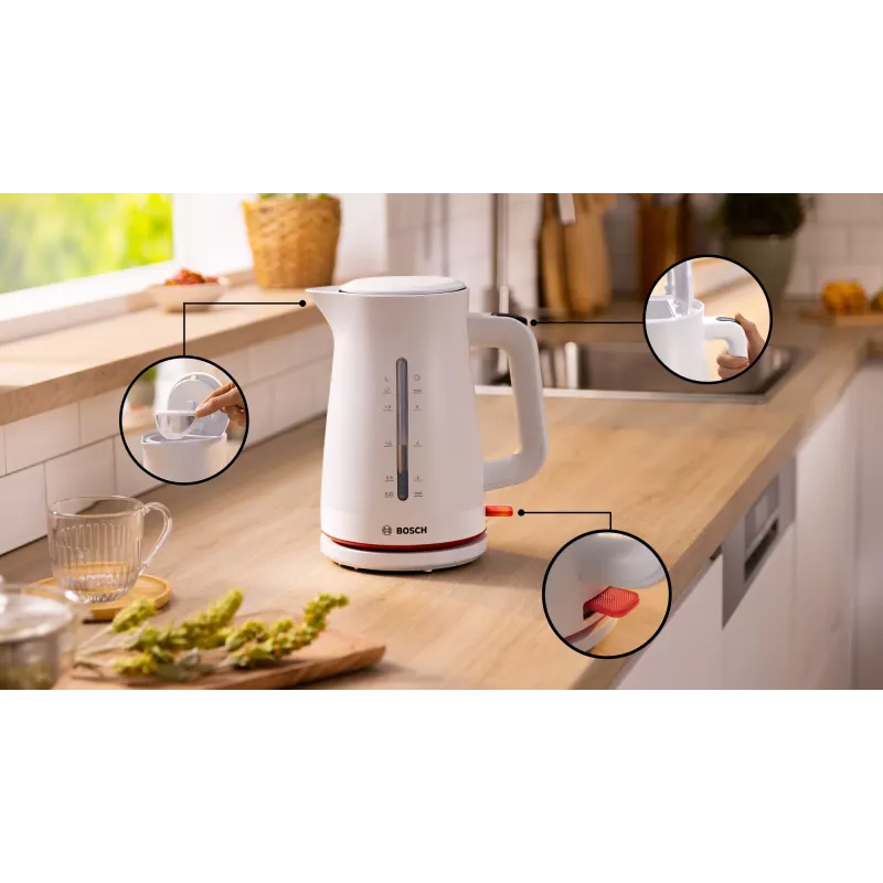 Elektrischer Wasserkocher Bosch TWK3M121 — 1,7 L, 2400 W, weiß, Kunststoffgehäuse