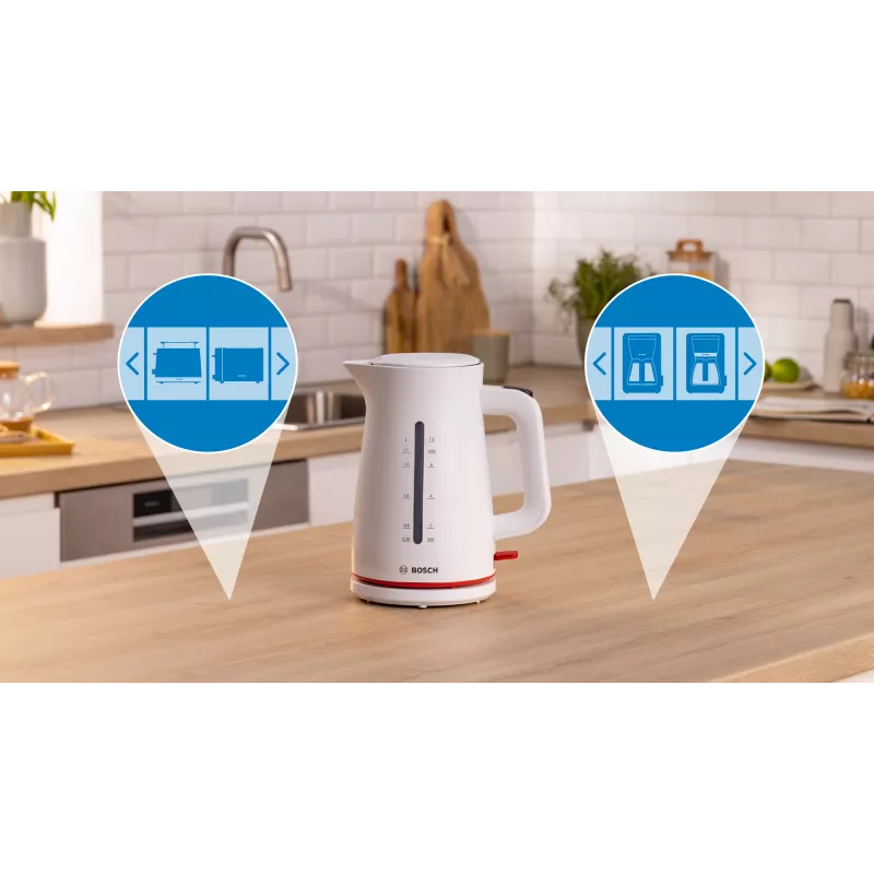 Elektrischer Wasserkocher Bosch TWK3M121 — 1,7 L, 2400 W, weiß, Kunststoffgehäuse