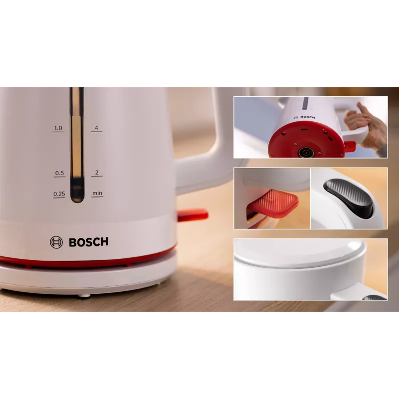Elektrischer Wasserkocher Bosch TWK3M121 — 1,7 L, 2400 W, weiß, Kunststoffgehäuse