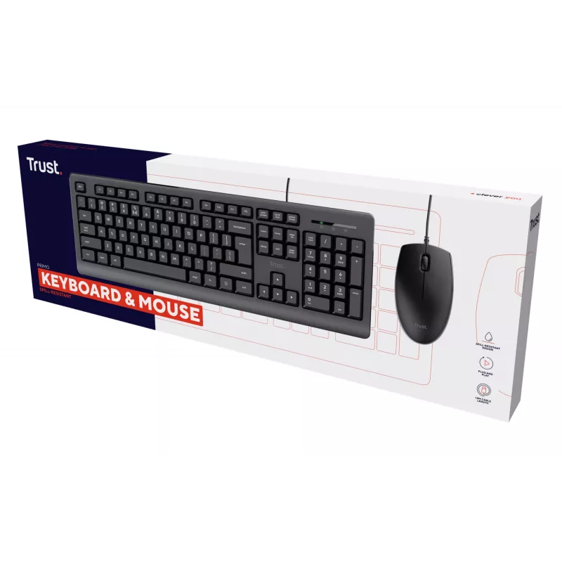 Trust Primo Tastatur, Maus enthalten, Universal, USB, QWERTY, US-Englisch, Schwarz