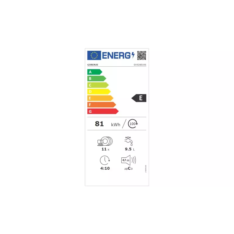 Einbau-Geschirrspüler Gorenje GV520E10S, schlank 45 cm, 11 Gedecke, 47 dB, Edelstahlbehälter, AquaStop