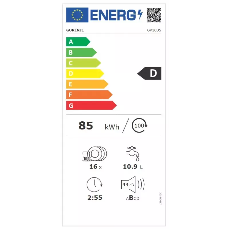 Einbau-Geschirrspüler Gorenje GV16D5 — 16 Maßgedecke, 44 dB, Edelstahl, 7 Temperatureinstellungen