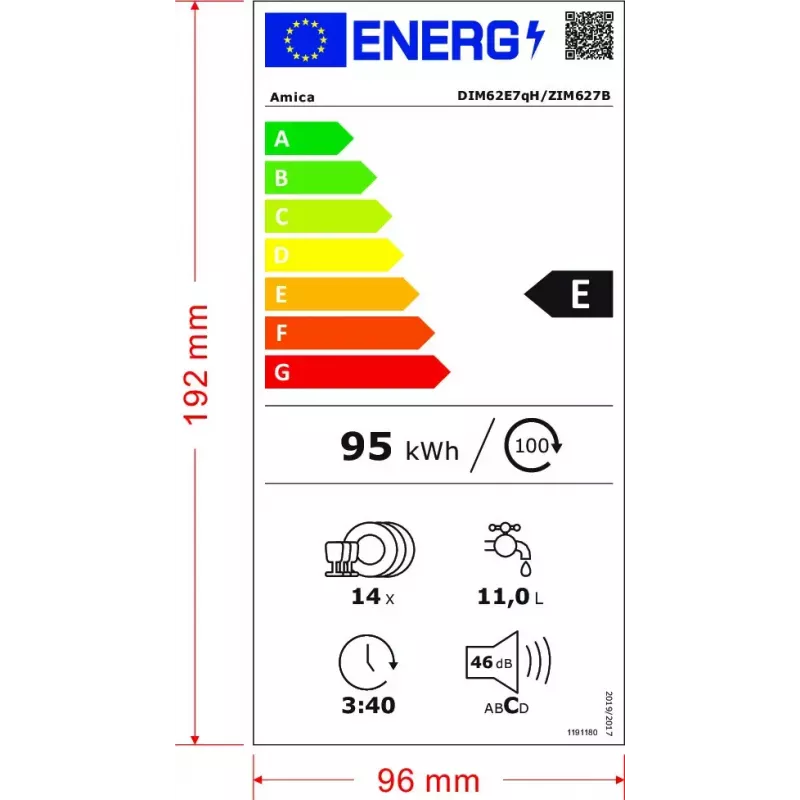 Teilintegrierbarer Geschirrspüler AMICA DIM62E7qH — 14 Maßgedecke, 60 cm, LED-Touch-Display, 7 Programme, Weiß