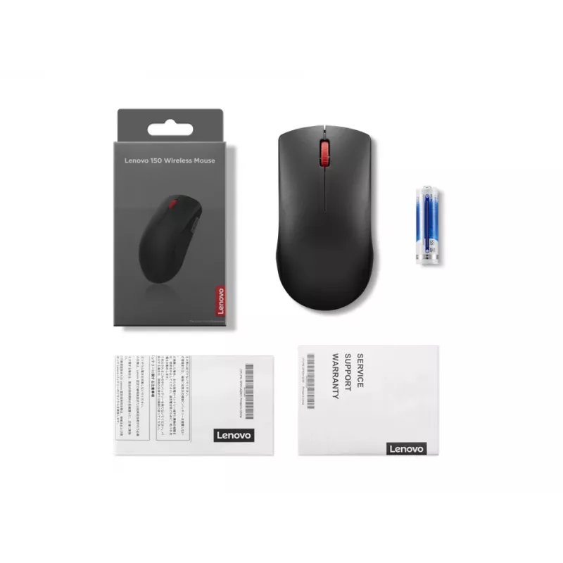 Kabellose Maus Lenovo 150 GY51L52638 — beidhändig, optisch 1000 DPI, 2,4 GHz Nano-USB-Empfänger, schwarz, AA-Batterie