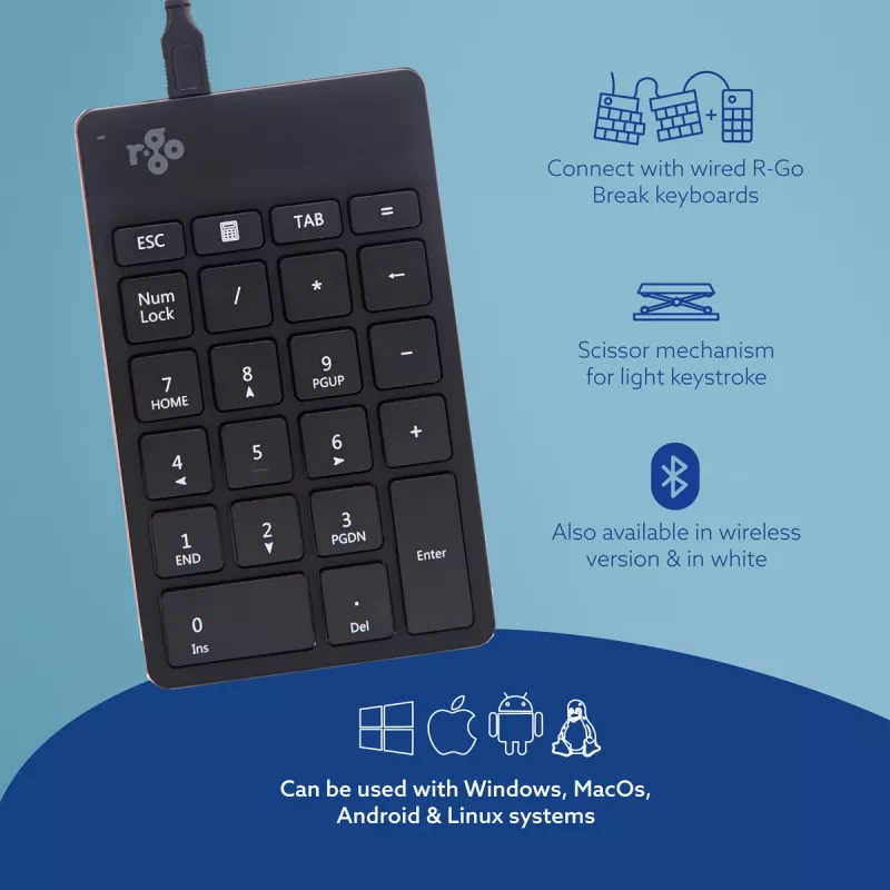 R-Go Tools Numerisches Tastenfeld R-Go Numpad Break, ergonomisches numerisches Tastenfeld mit Pausensoftware, kabelgebunden, schwarz