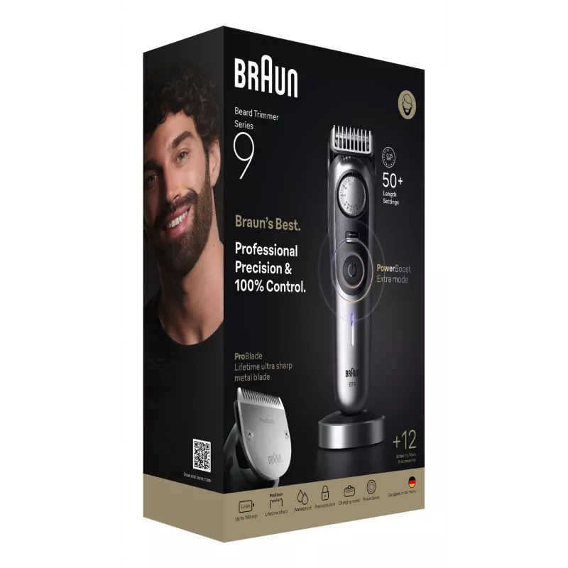 Braun BeardTrimmer 9 BT9560 Bartschneider Batterie 52 2 cm Nass & Trocken Schwarz, Silber