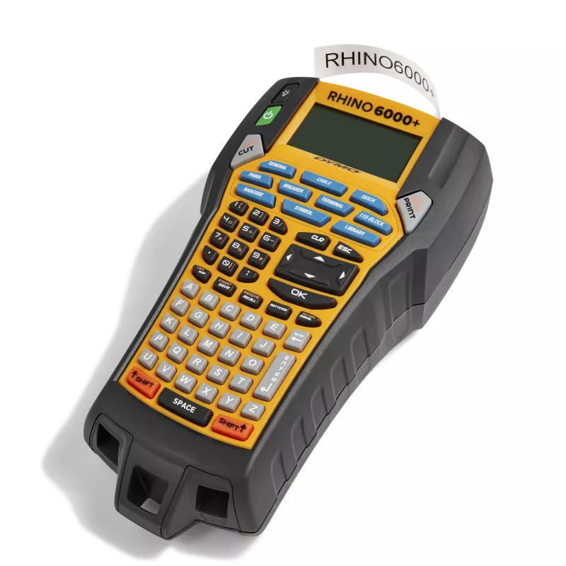 DYMO Rhino 6000+ Industrie-Etikettendrucker | Computerverbundener Etikettendrucker mit Hartschalenkoffer | Enthält 1 Vinylbandkassette, 1 flexible Nylonbandkassette und wiederaufladbaren Lithium-Ionen-Akku