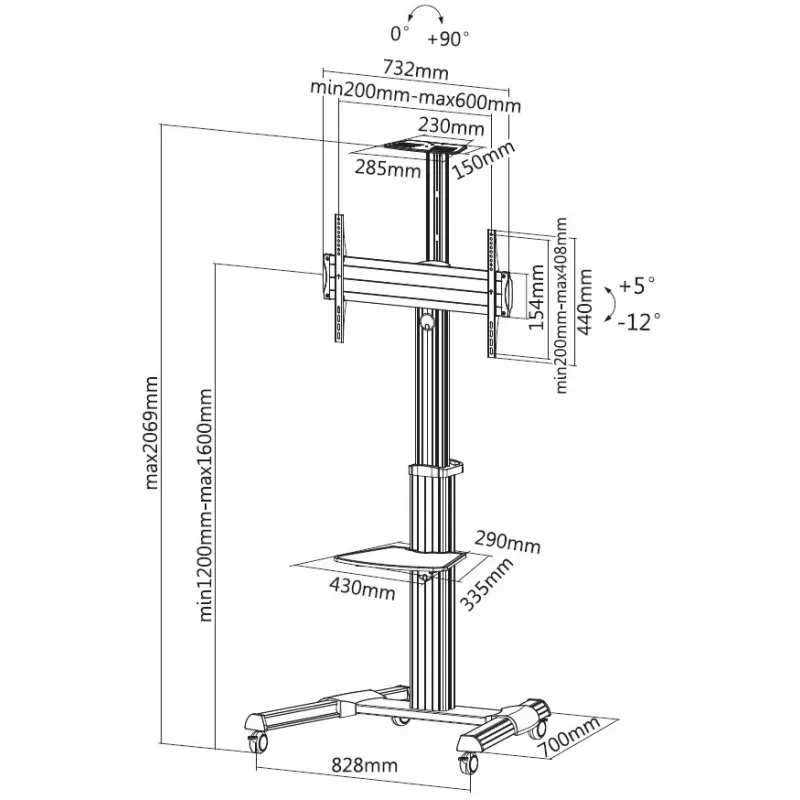 Equip 650602 37-70“ 90° drehbarer Einzeldisplay-LFD-Rollwagen, 50 kg, 94 cm (37 Zoll), 177,8 cm (70 Zoll), 200 x 200 mm, 600 x 400 mm, -12 - 5°